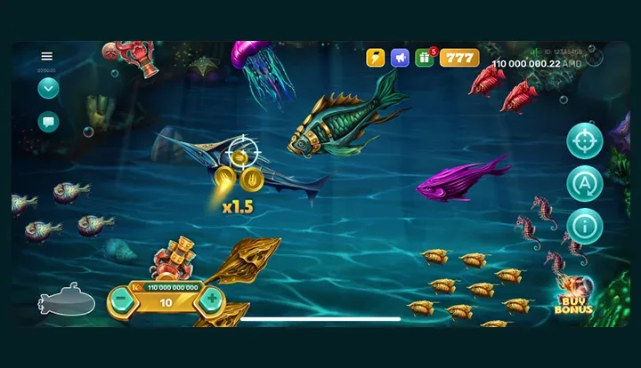 King of Ocean desktop field with fish, cannon controls, and bonus button